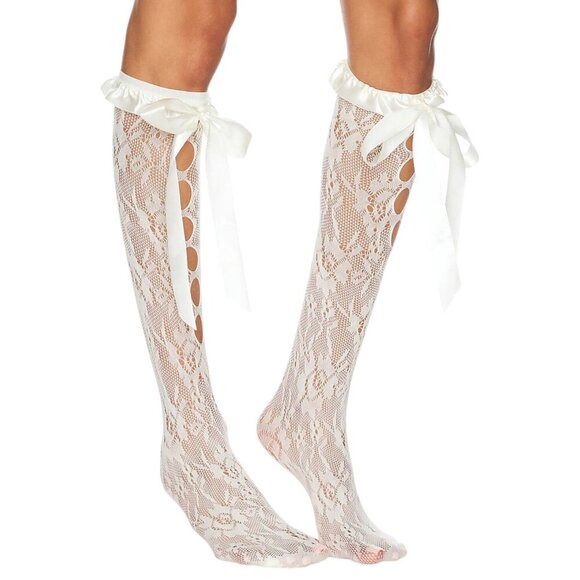 Stems Accessories - Stems Lolita Knee Socks in White One Size New Womens Lace Bow Nylons